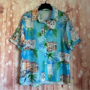 Endless Moon Blue Mediterranean Print Linen Look Button Front Shirt